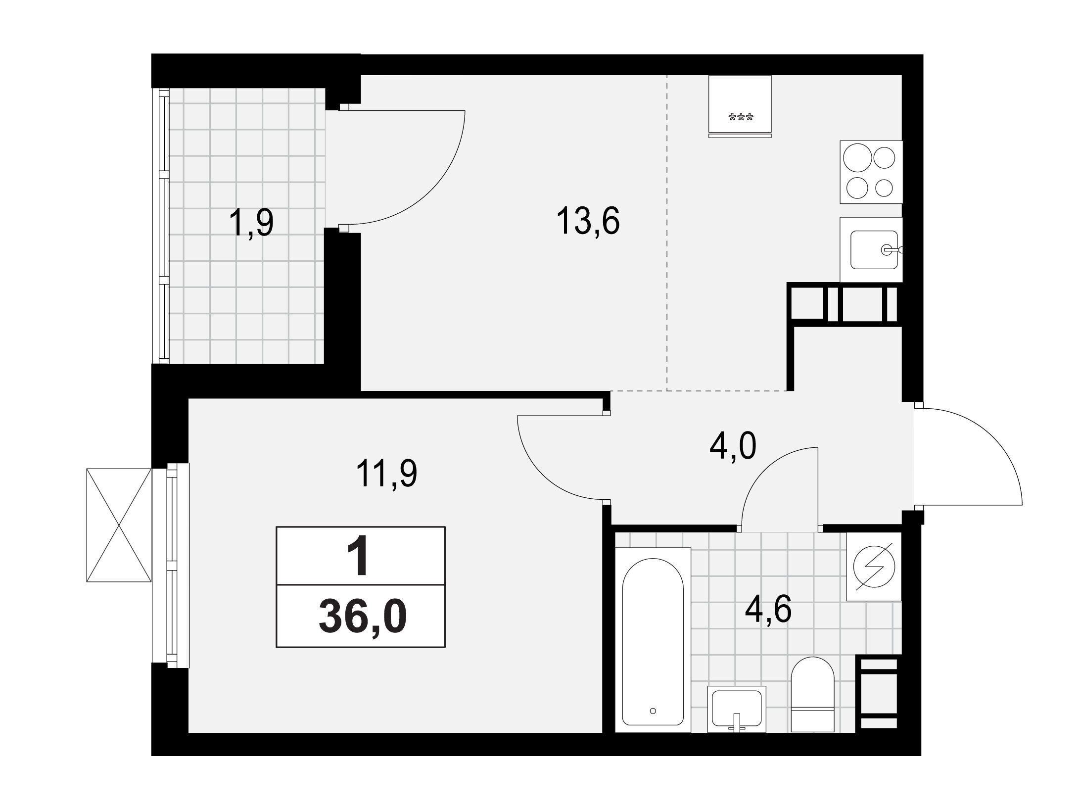 Планировка: 1-комн. квартира 36.00 м² в новостройке ЖК А101 Лаголово