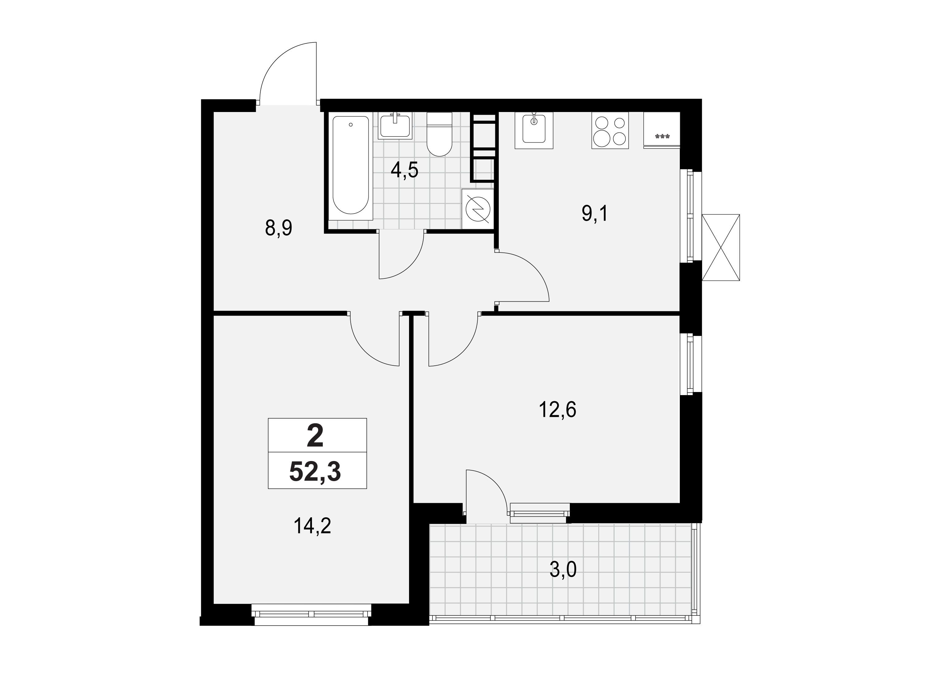 Планировка: 2-комн. квартира 52.30 м² в новостройке ЖК А101 Лаголово