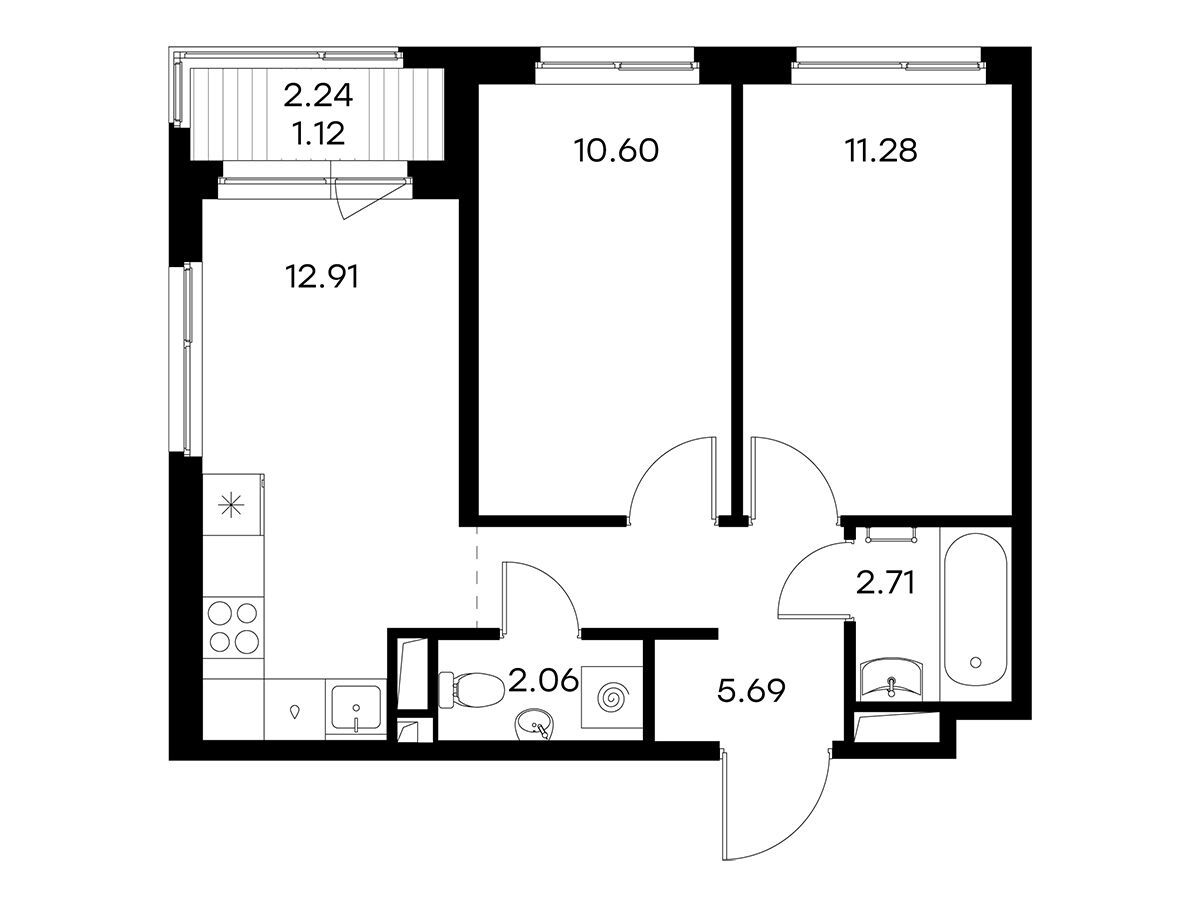 Планировка: 2-комн. квартира 46.37 м² в новостройке Глоракс Новоселье