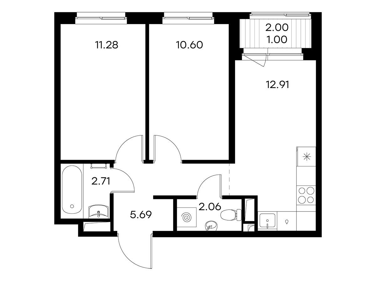 Планировка: 2-комн. квартира 46.25 м² в новостройке Глоракс Новоселье