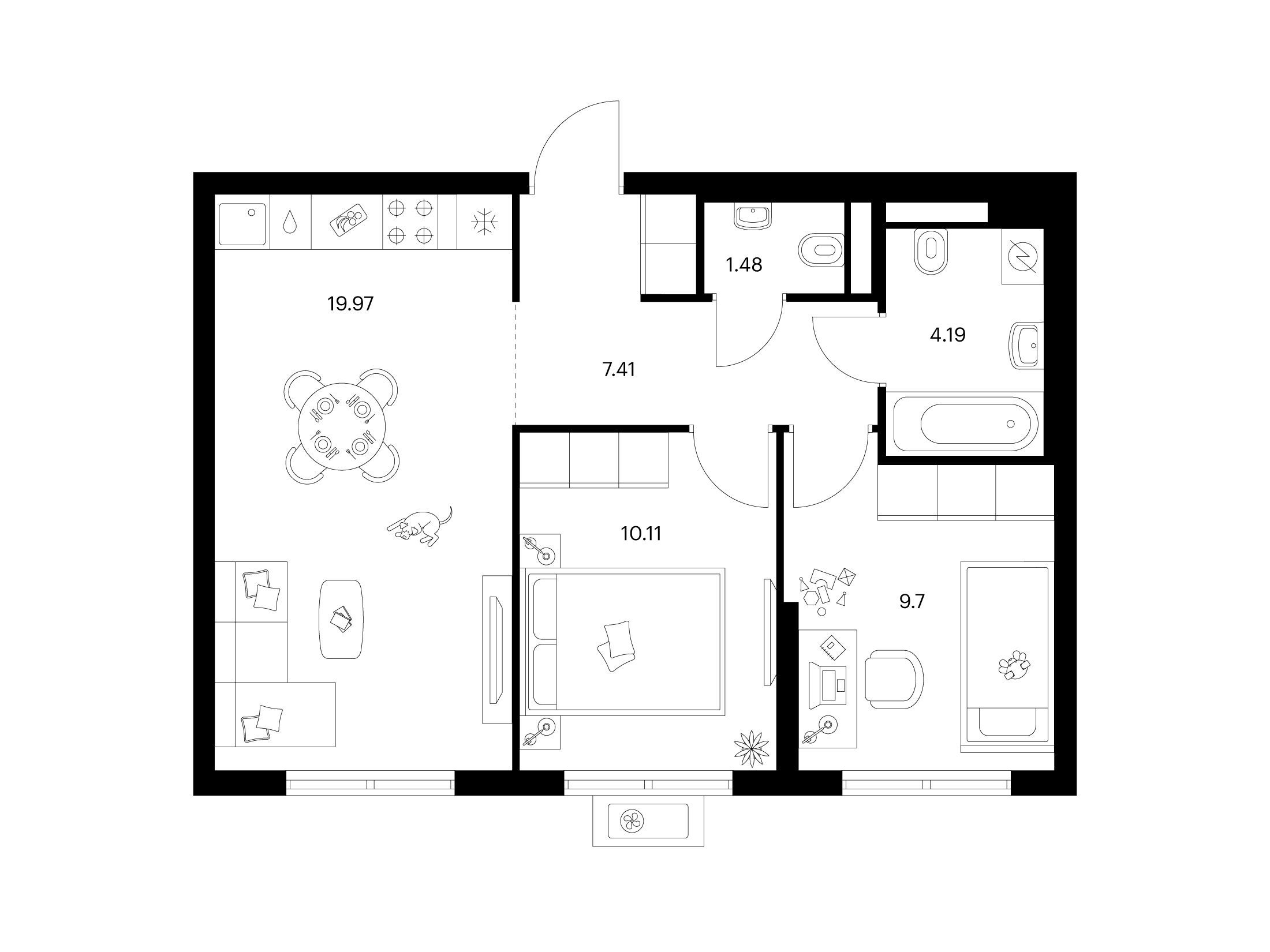 Планировка: 2-комн. квартира 52.86 м² в новостройке Заречный парк