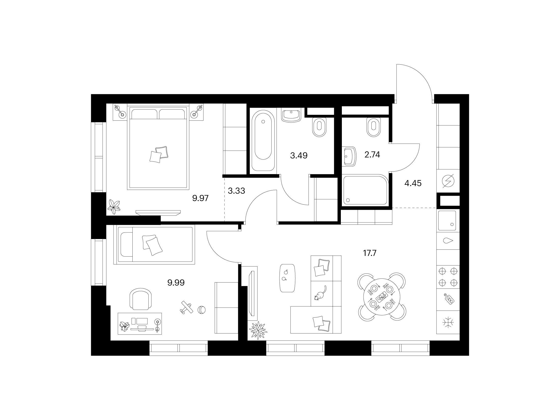 Планировка: 2-комн. квартира 51.67 м² в новостройке Заречный парк