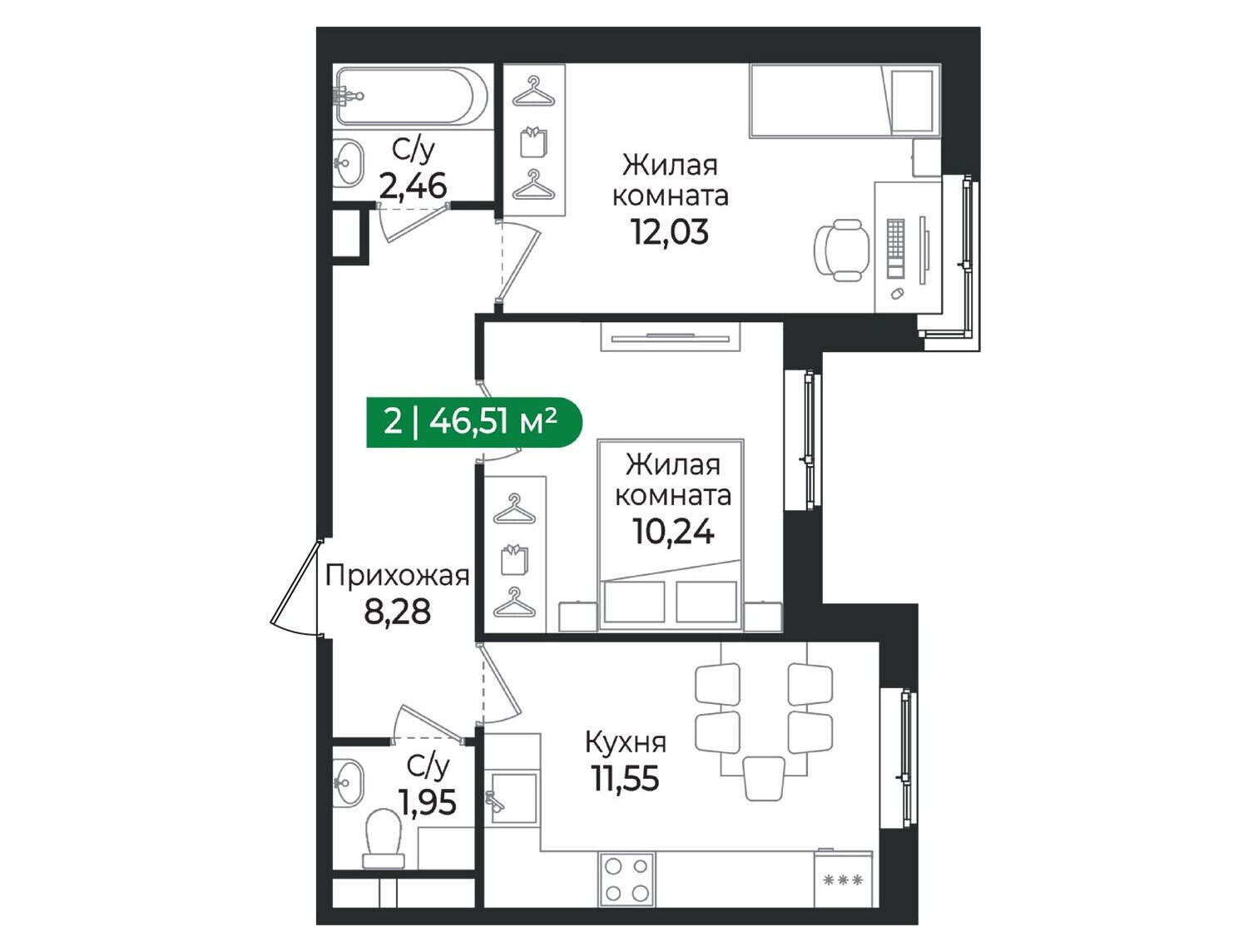 Планировка: 2-комн. квартира 46.51 м² в новостройке Сертолово Парк