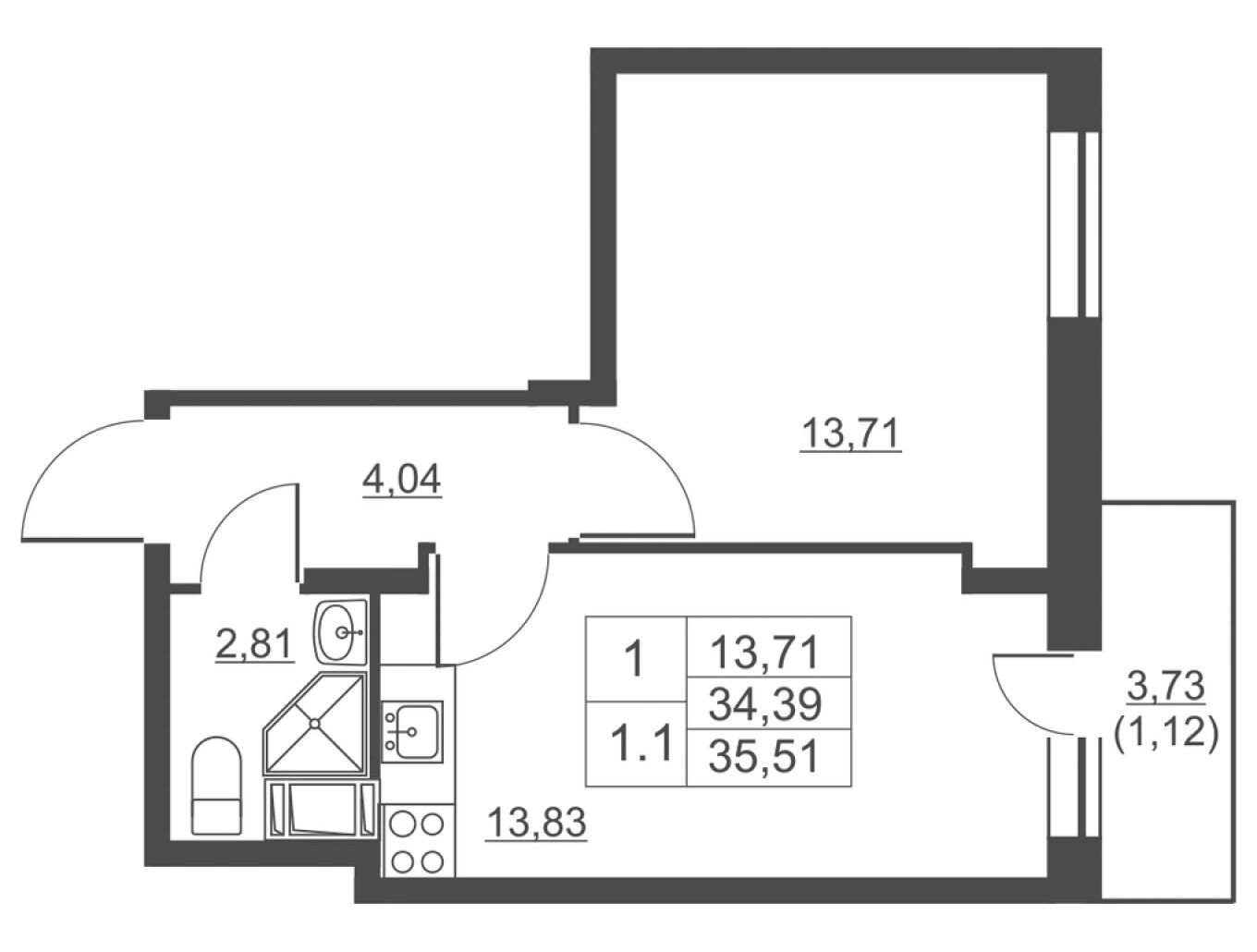 Планировка: 1-комн. квартира 34.20 м² в новостройке Невские панорамы