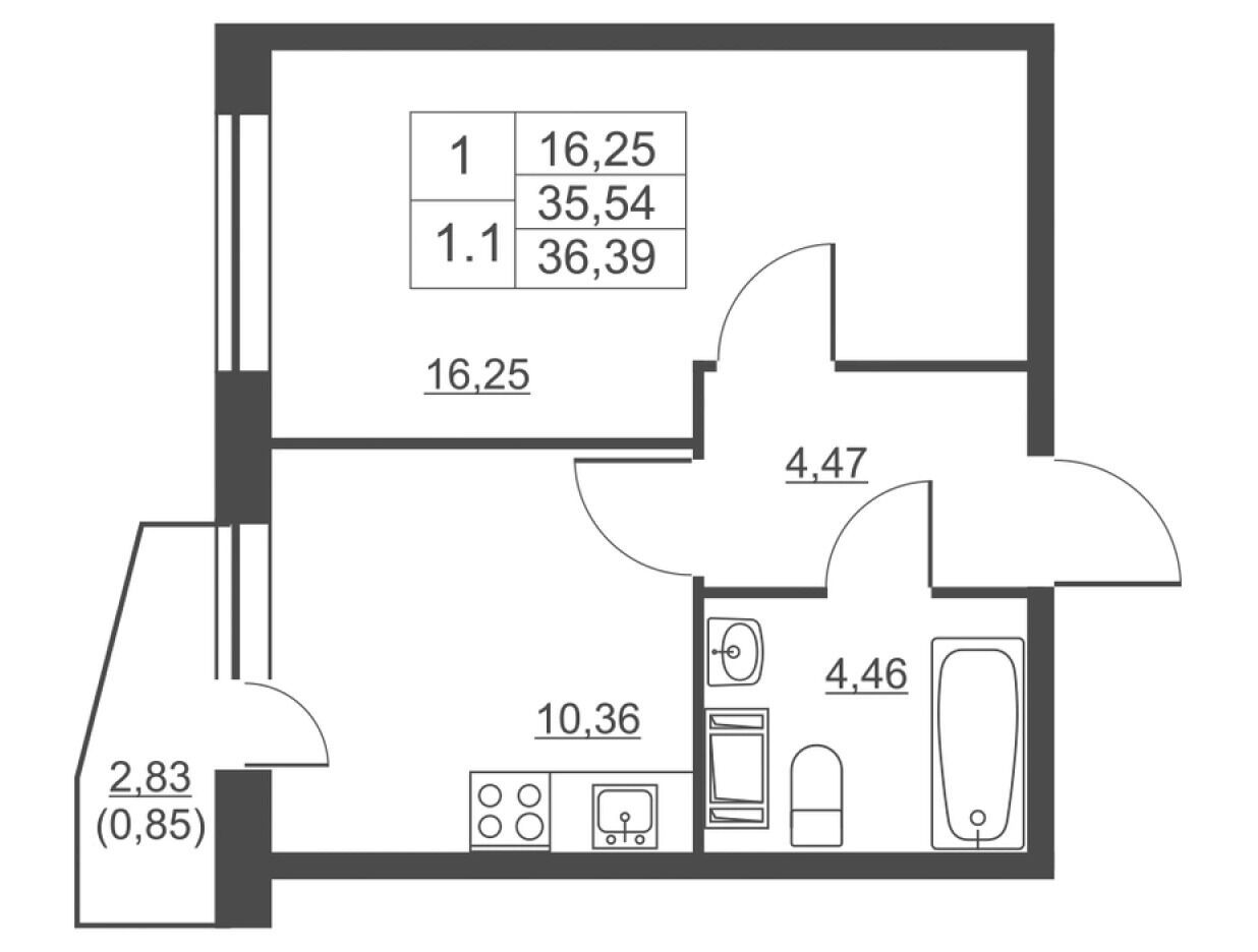 Планировка: 1-комн. квартира 35.30 м² в новостройке Невские панорамы