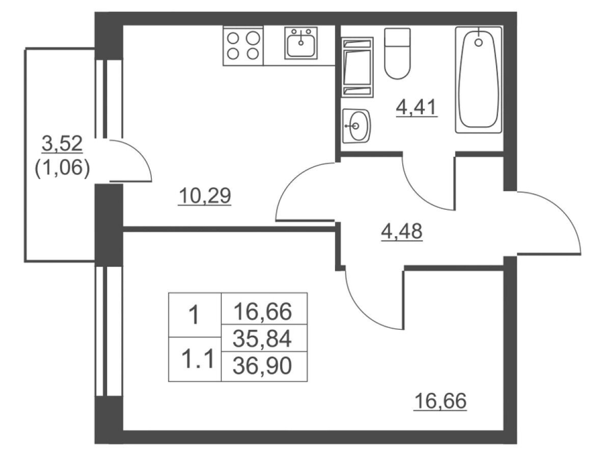 Планировка: 1-комн. квартира 35.60 м² в новостройке ЖК Невские панорамы