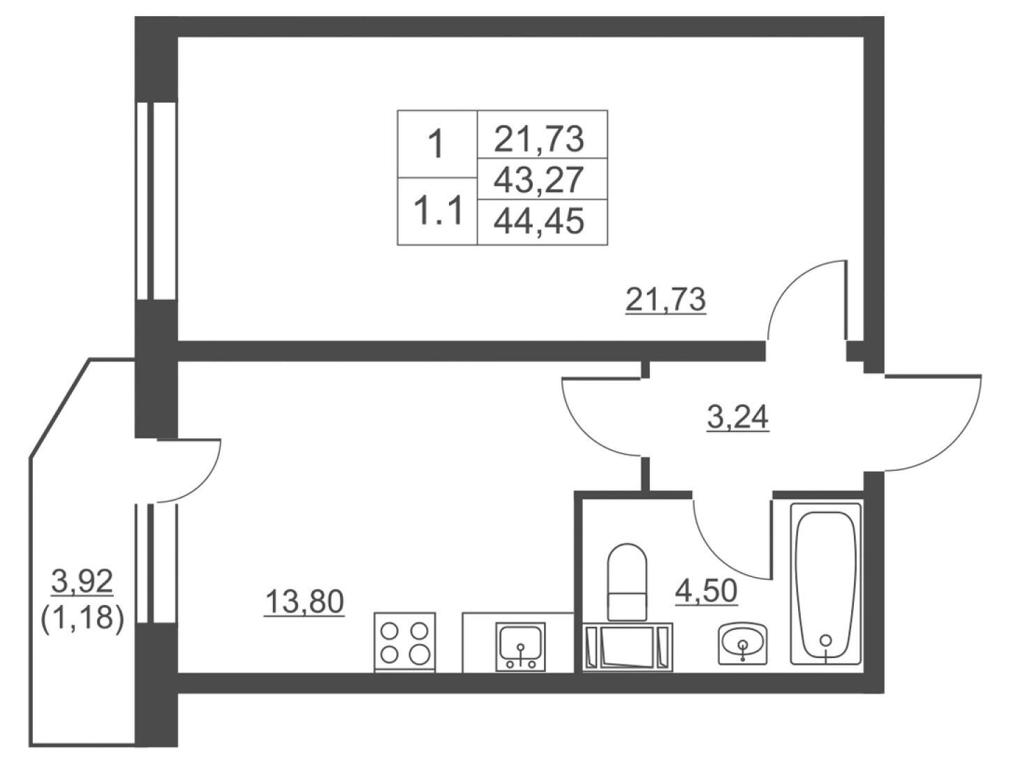 Планировка: 1-комн. квартира 43.20 м² в новостройке ЖК Невские панорамы