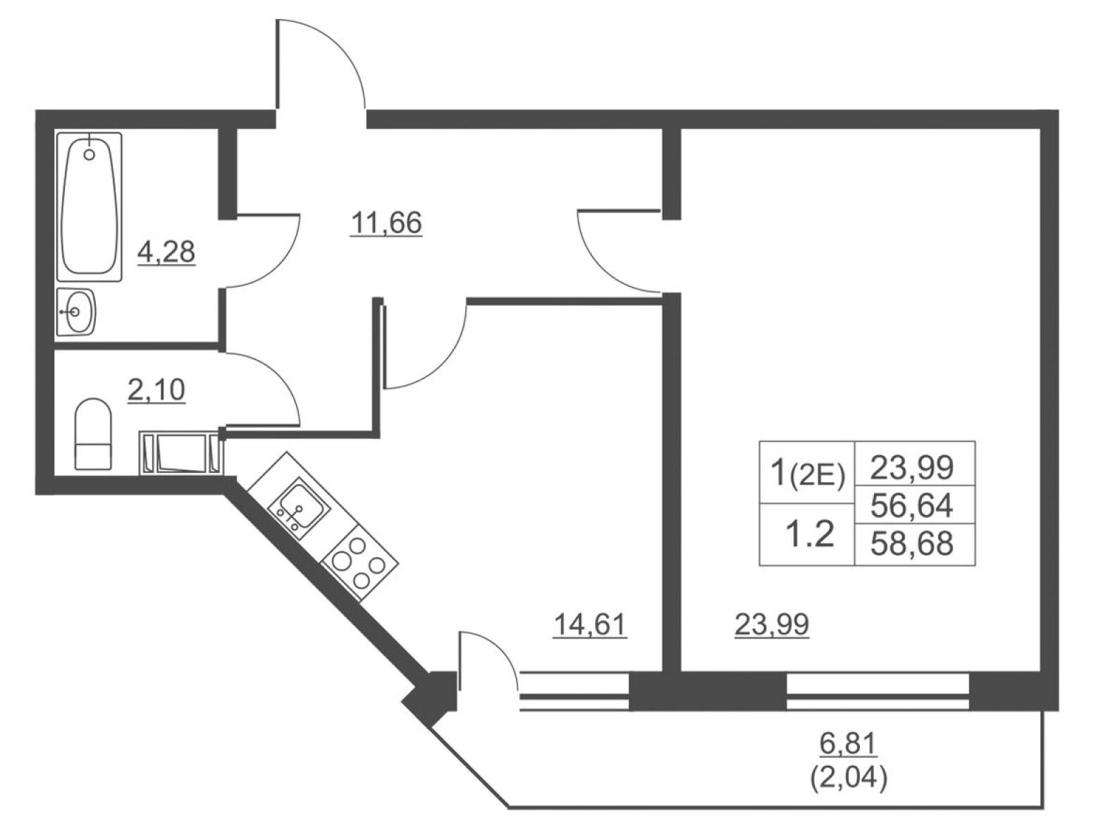 Планировка: 1-комн. квартира 56.30 м² в новостройке ЖК Невские панорамы