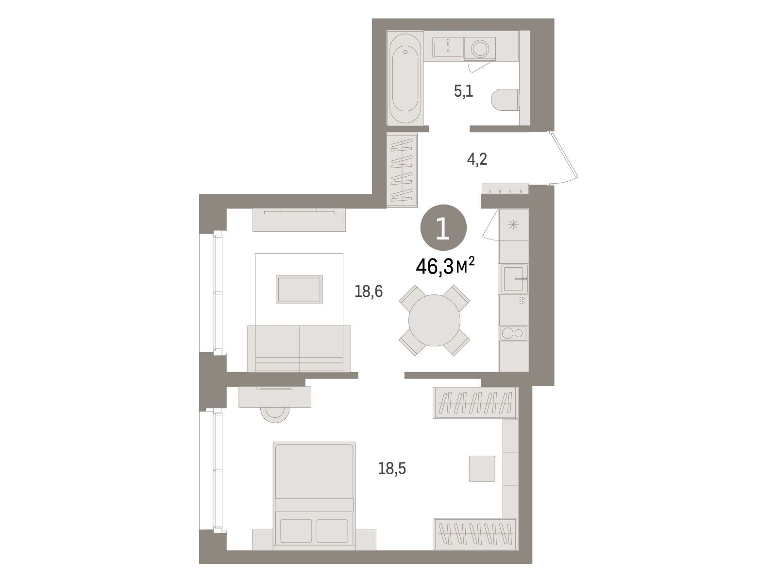Планировка: 1-комн. квартира 46.30 м² в новостройке Брусника в Новоселье