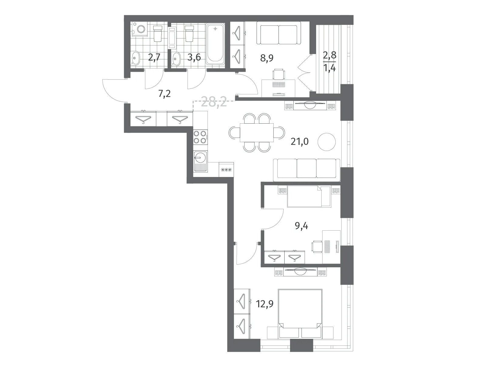 Планировка: 3-комн. квартира 67.30 м² в новостройке Ньюпитер