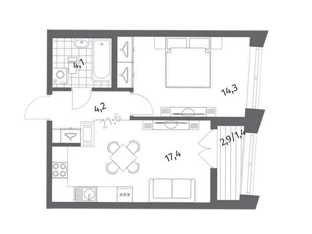 Планировка: 1-комн. квартира 41.46 м² в новостройке Ньюпитер