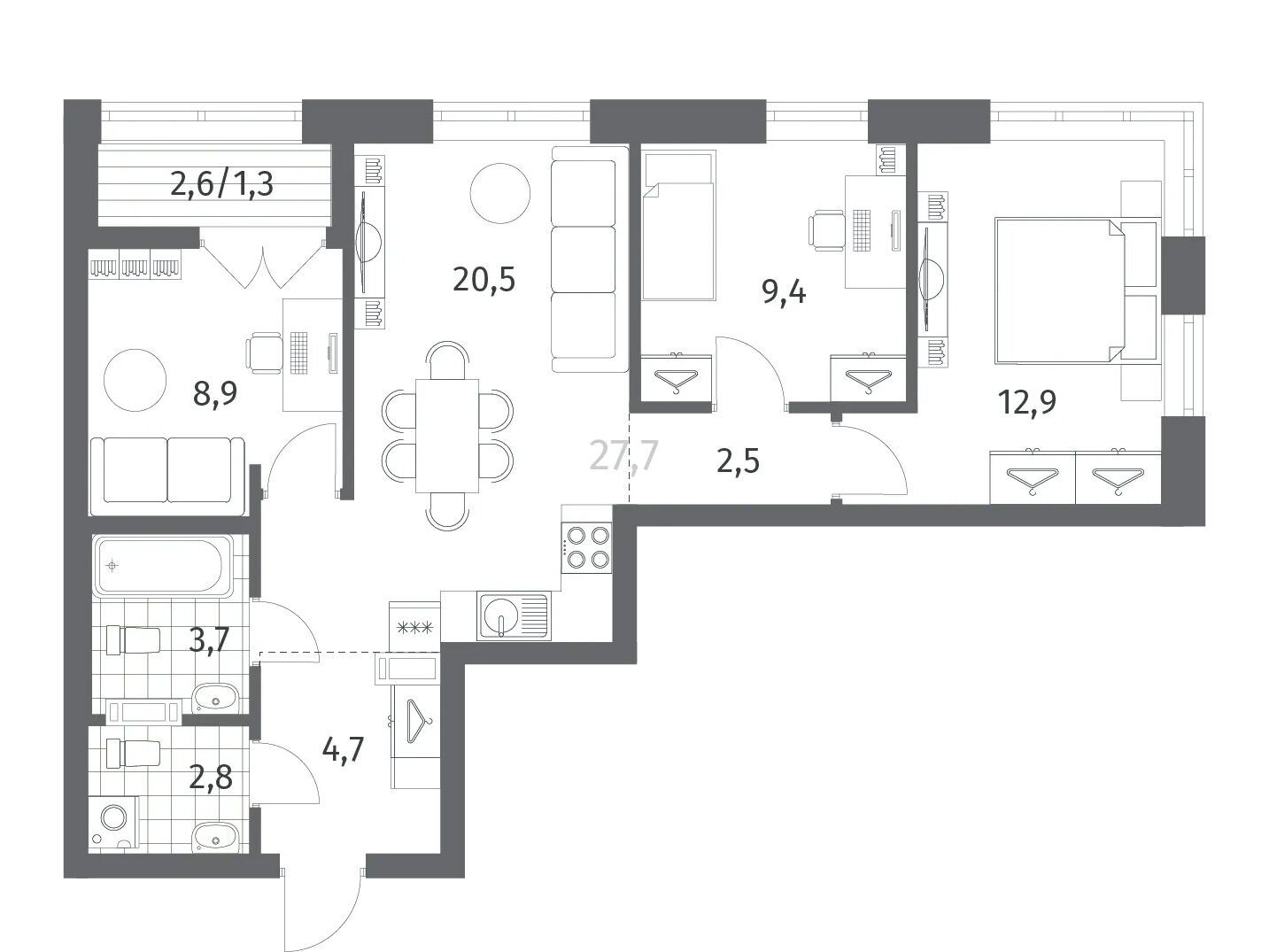 Планировка: 3-комн. квартира 66.85 м² в новостройке Ньюпитер