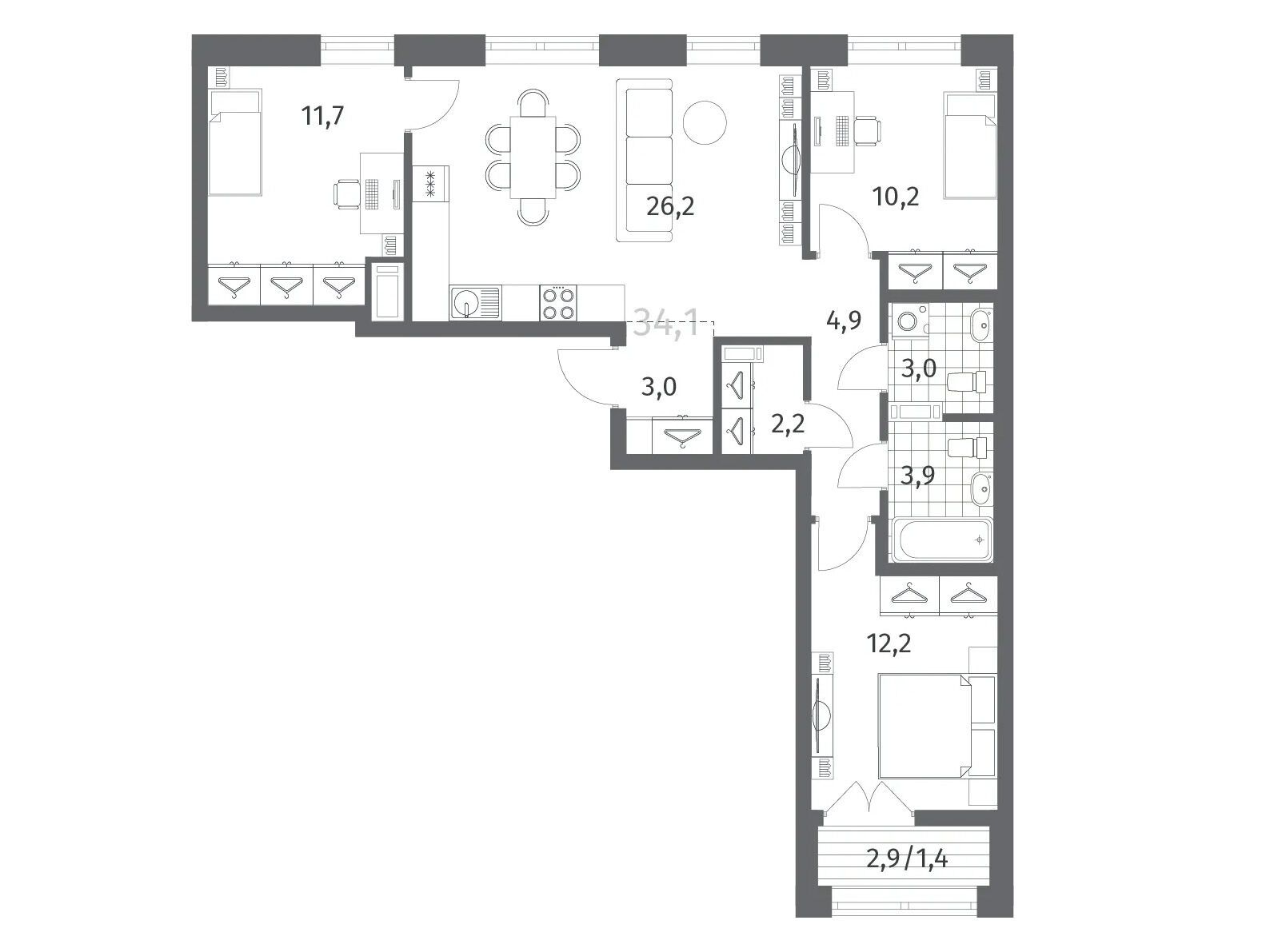Планировка: 3-комн. квартира 78.82 м² в новостройке Ньюпитер