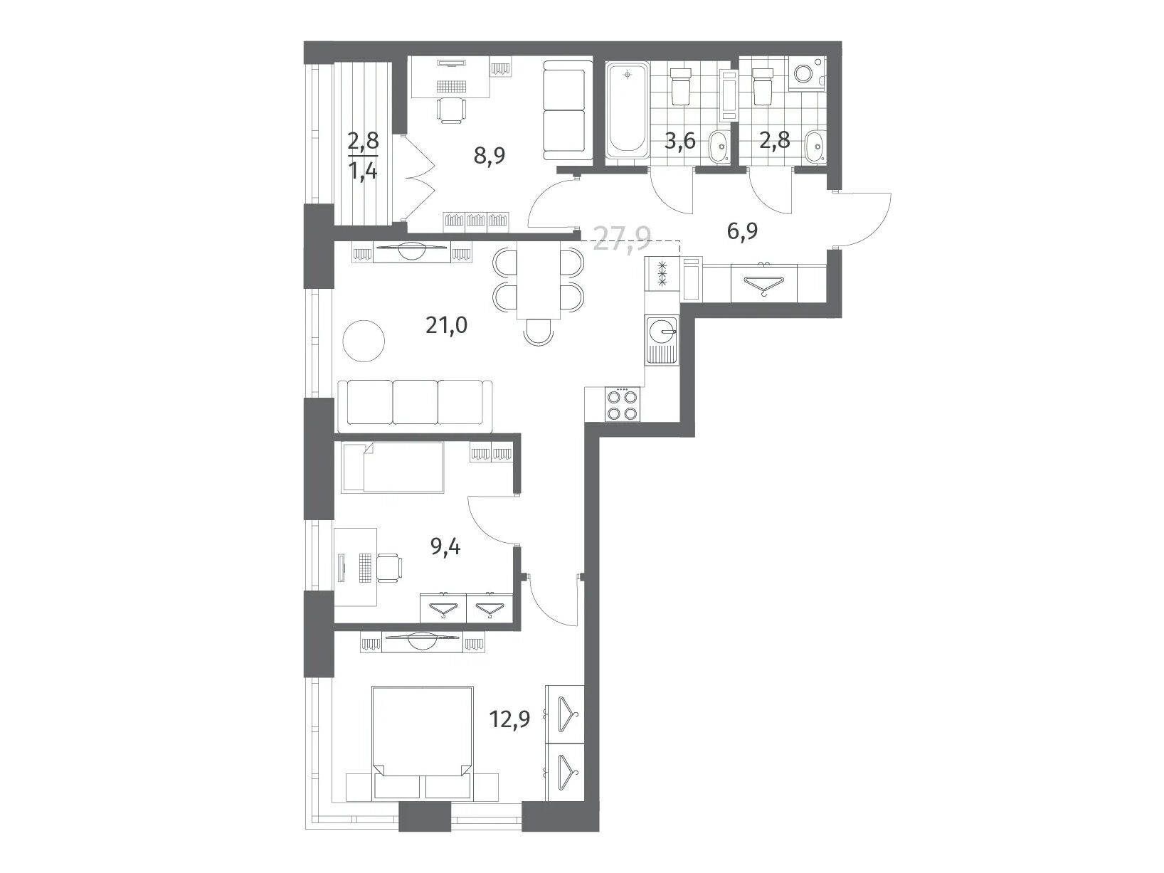 Планировка: 3-комн. квартира 66.96 м² в новостройке Ньюпитер