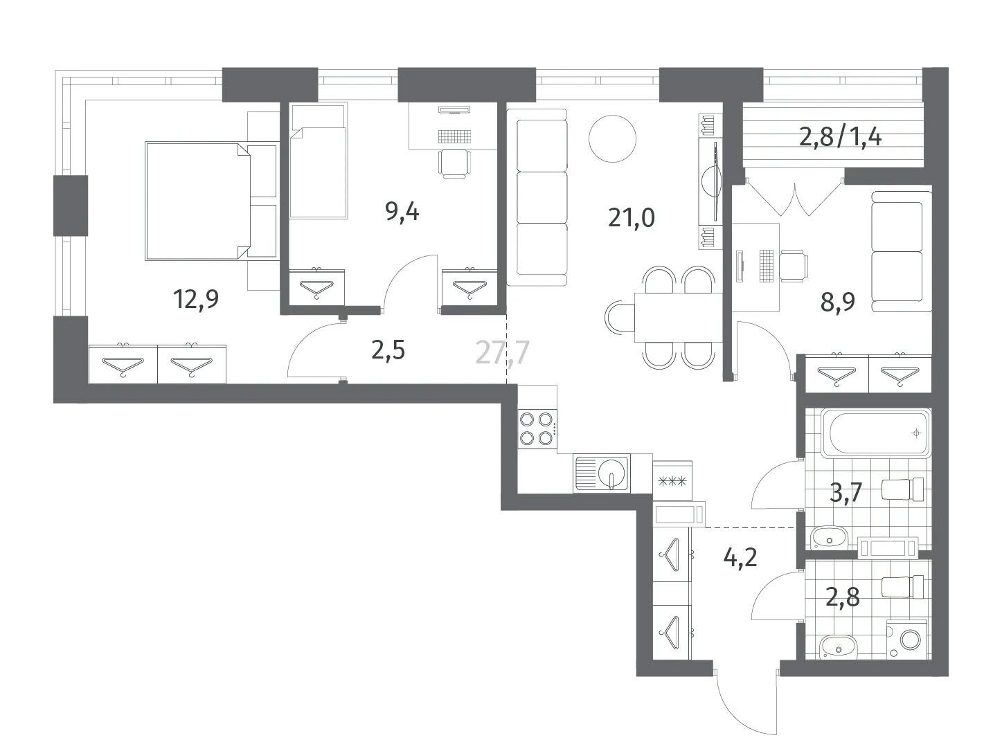 Планировка: 3-комн. квартира 66.94 м² в новостройке Ньюпитер