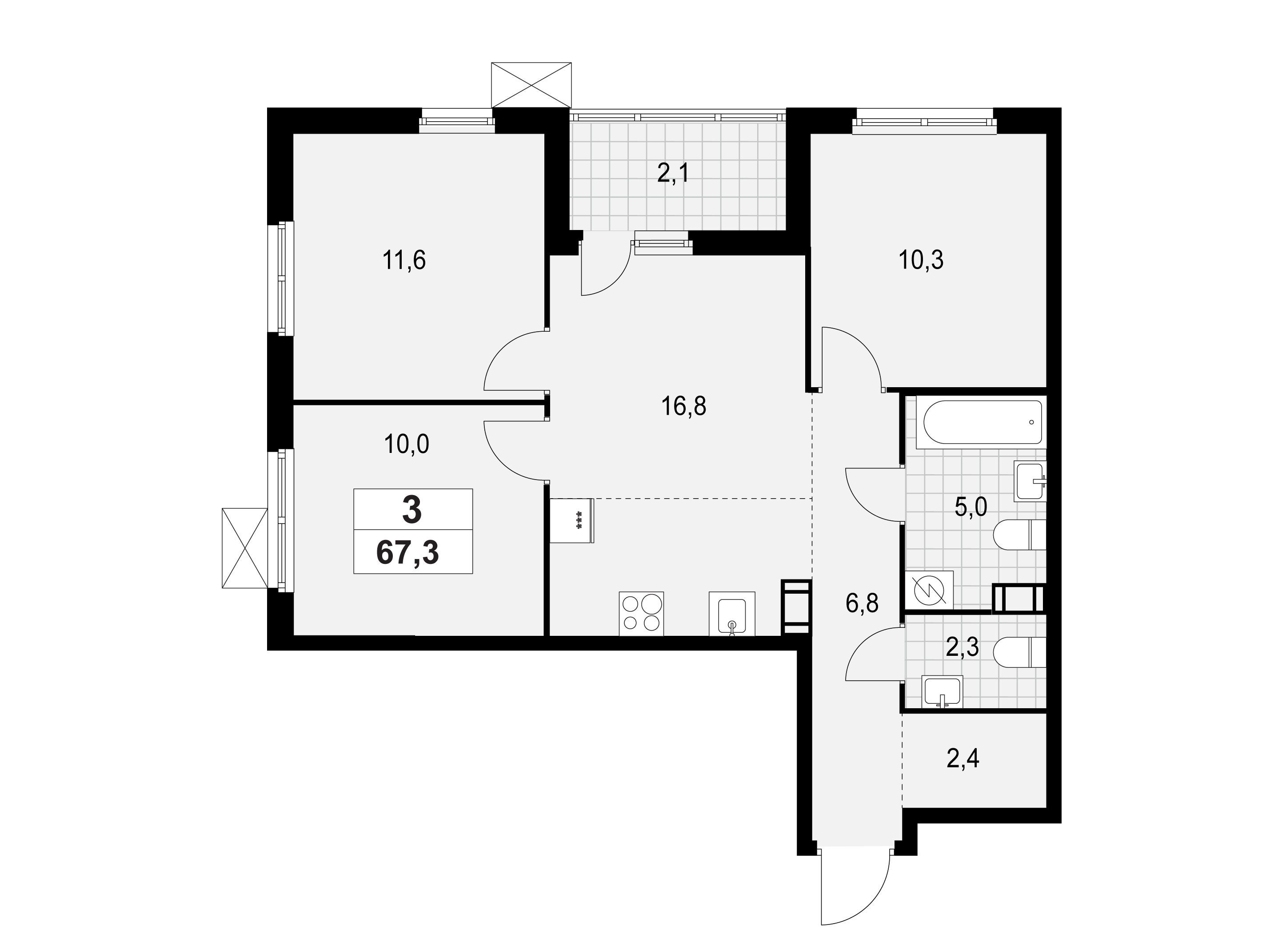 Планировка: 3-комн. квартира 67.30 м² в новостройке ЖК А101 Лаголово