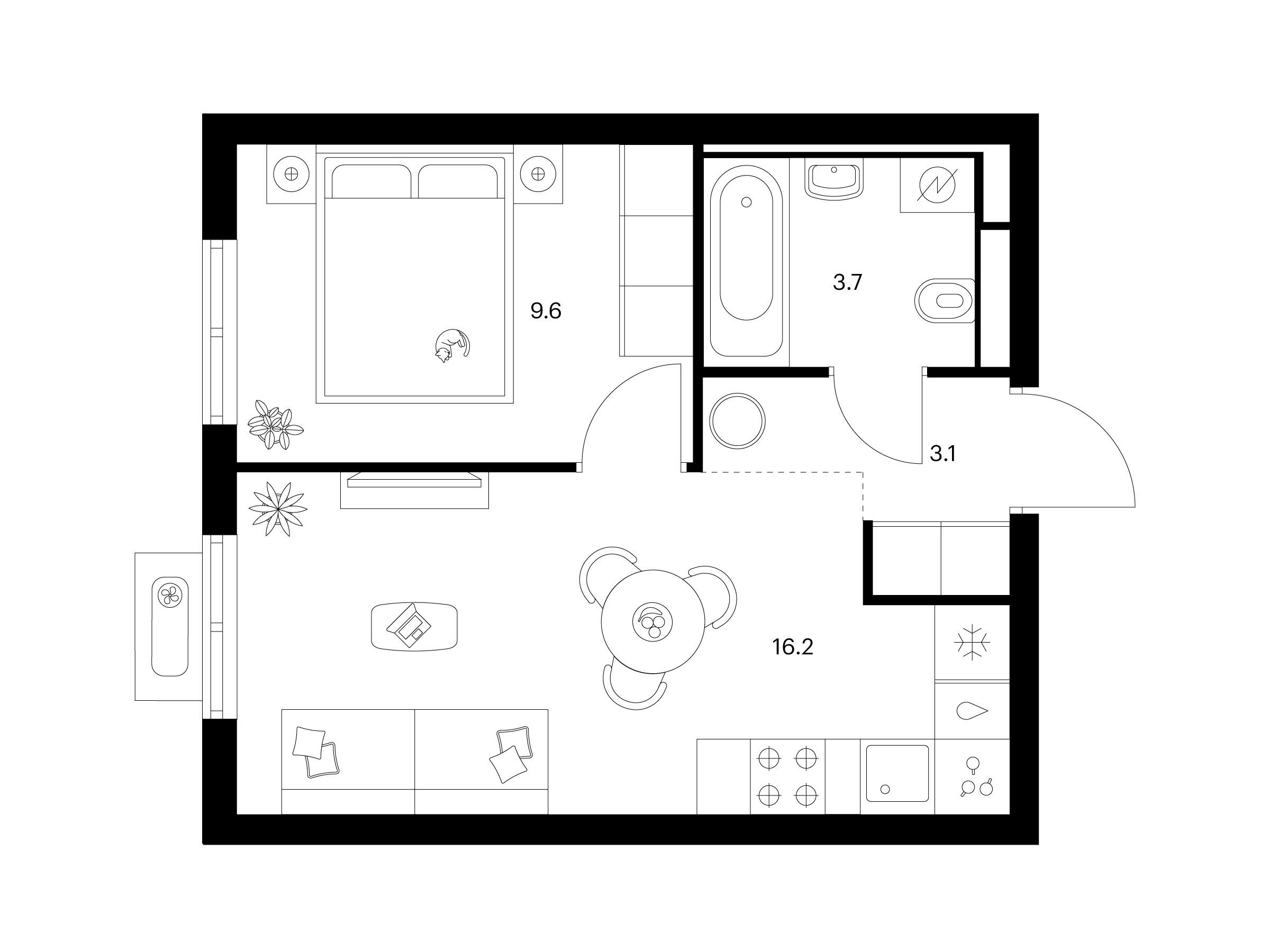 Планировка: 1-комн. квартира 32.60 м² в новостройке Янинский лес