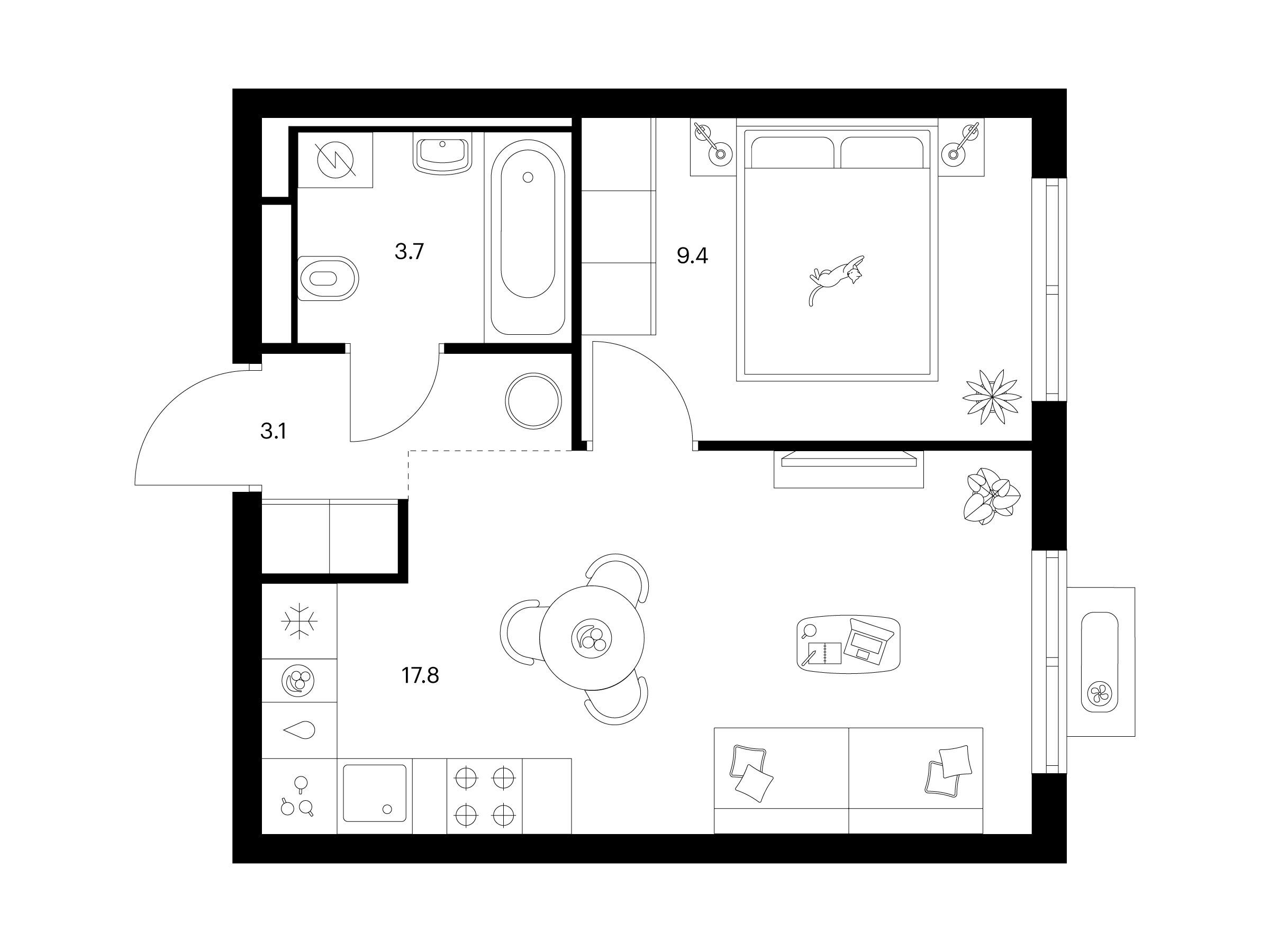 Планировка: 1-комн. квартира 34.00 м² в новостройке Янинский лес
