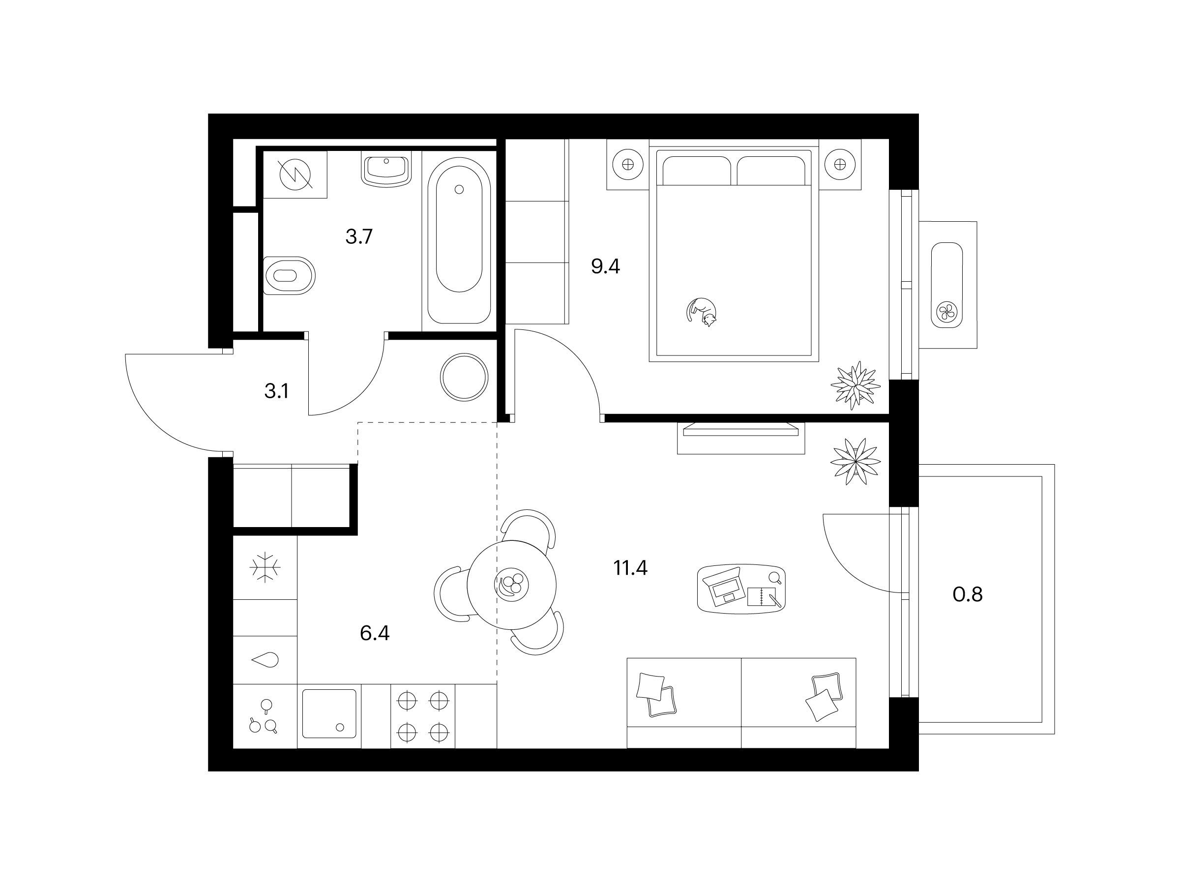 Планировка: 1-комн. квартира 34.80 м² в новостройке Янинский лес