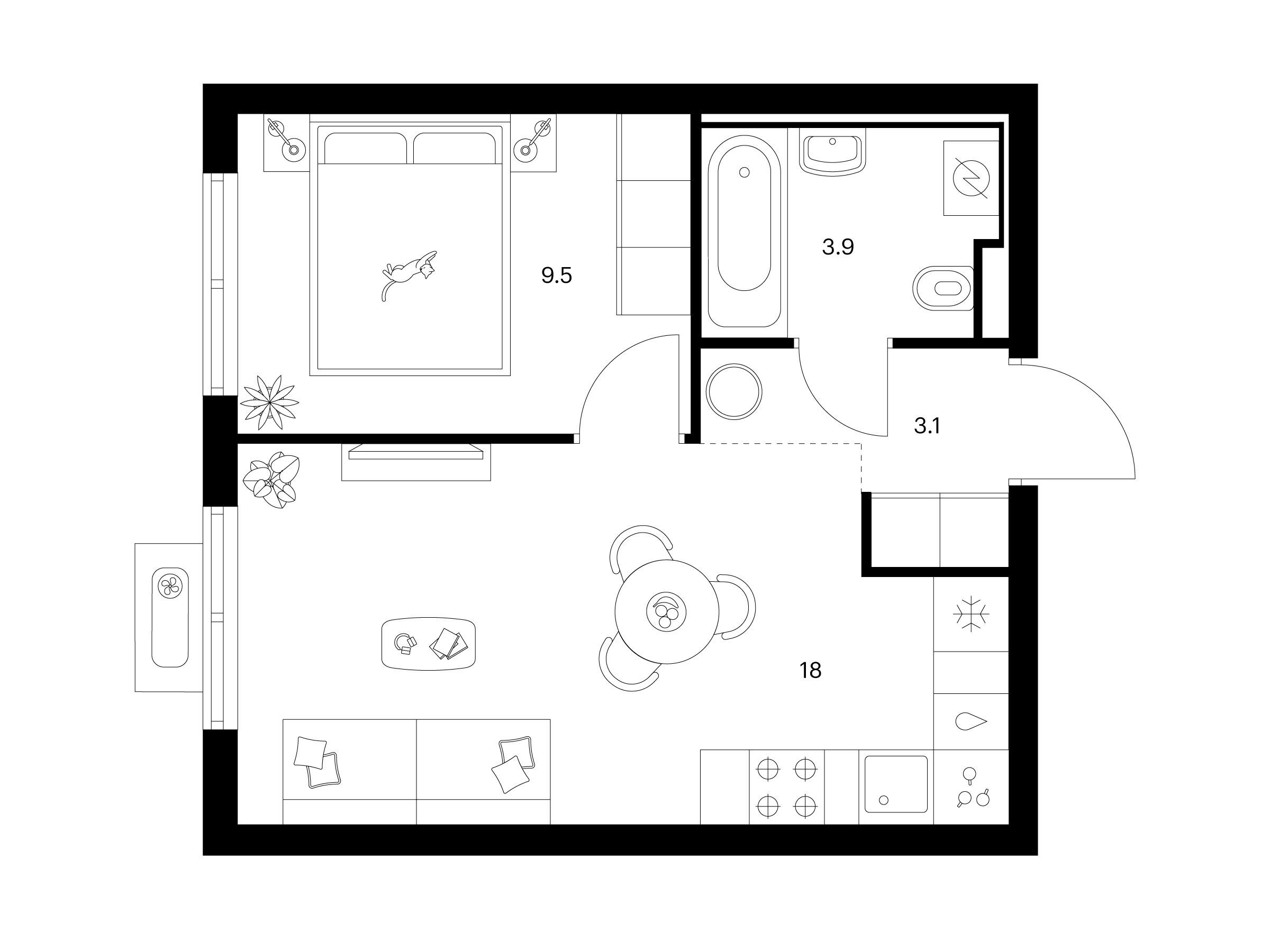 Планировка: 1-комн. квартира 34.50 м² в новостройке Янинский лес