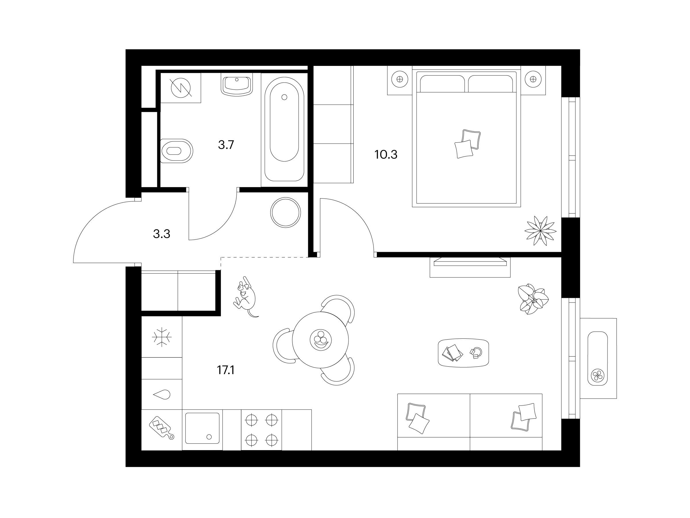 Планировка: 1-комн. квартира 34.40 м² в новостройке Янинский лес