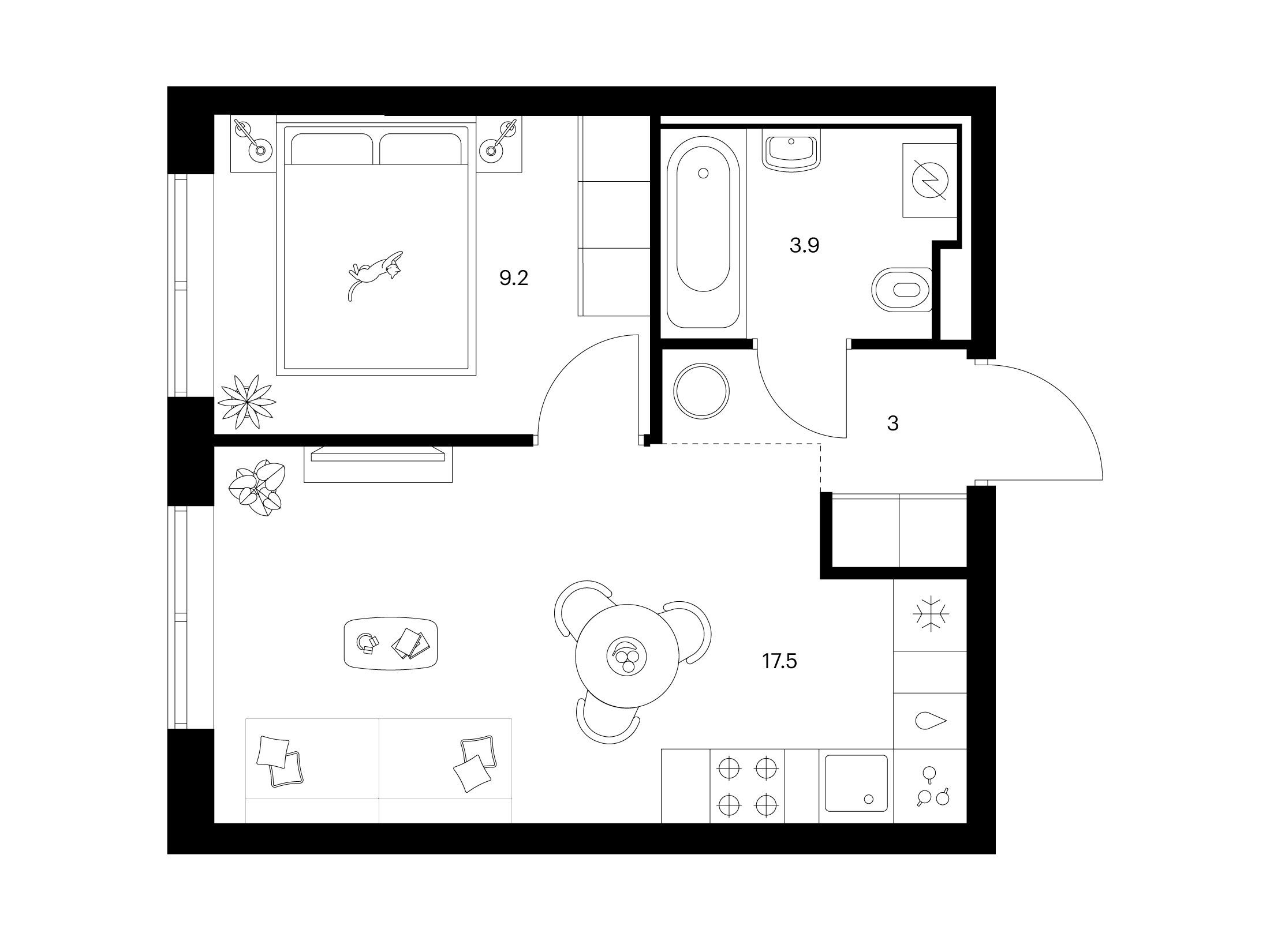 Планировка: 1-комн. квартира 33.60 м² в новостройке Янинский лес
