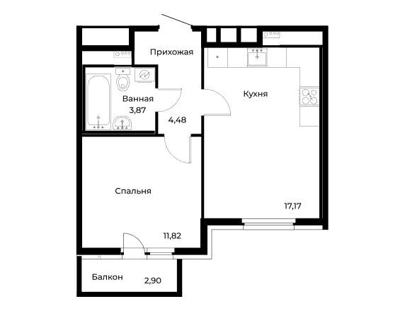 Планировка: 2-комн. квартира 38.21 м² в новостройке Лето Бугры