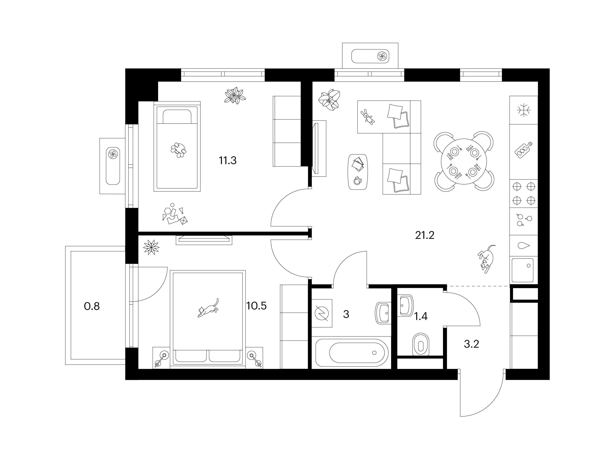 Планировка: 2-комн. квартира 51.40 м² в новостройке Янинский лес