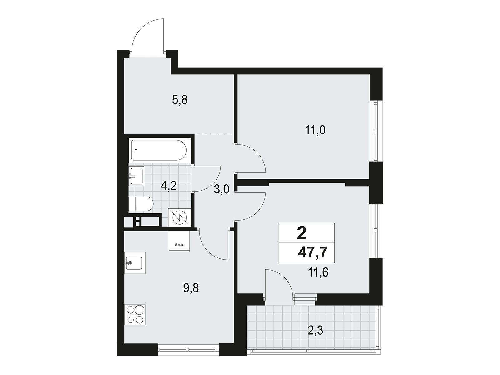 Планировка: 2-комн. квартира 47.70 м² в новостройке А101 Всеволожск