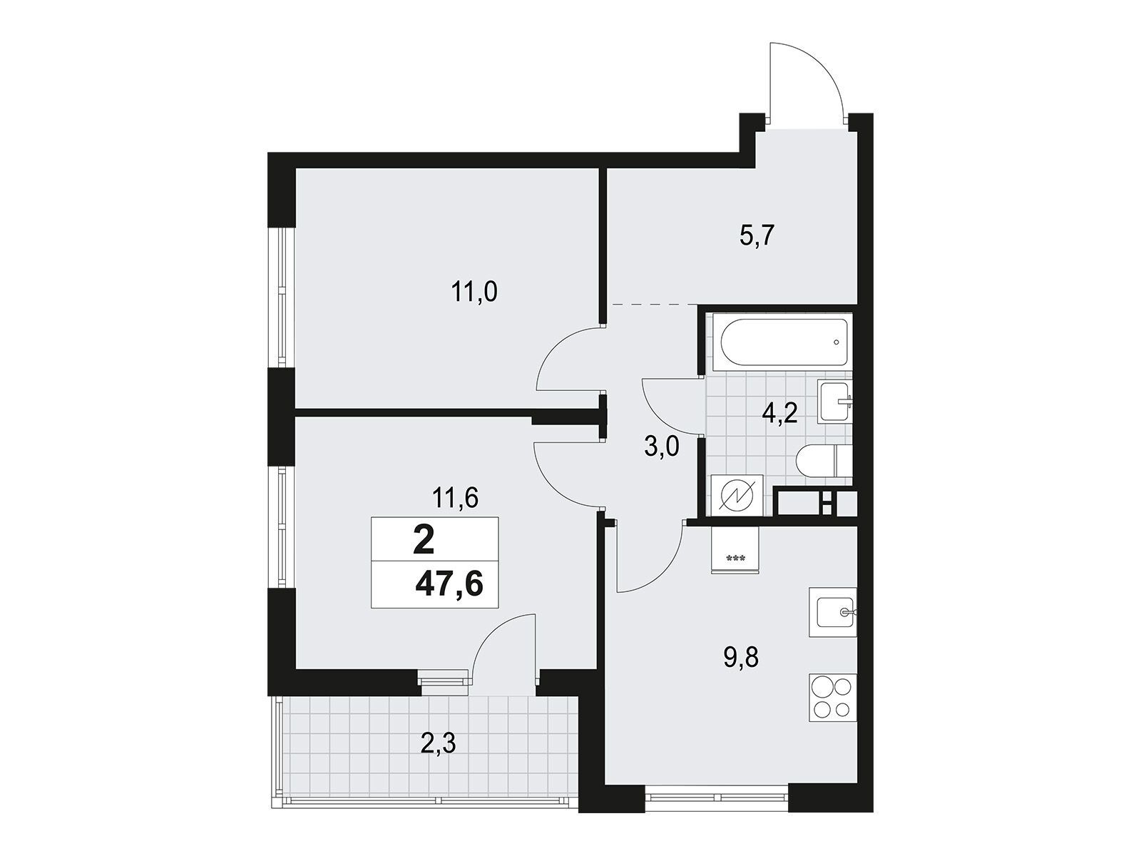 Планировка: 2-комн. квартира 47.60 м² в новостройке А101 Всеволожск
