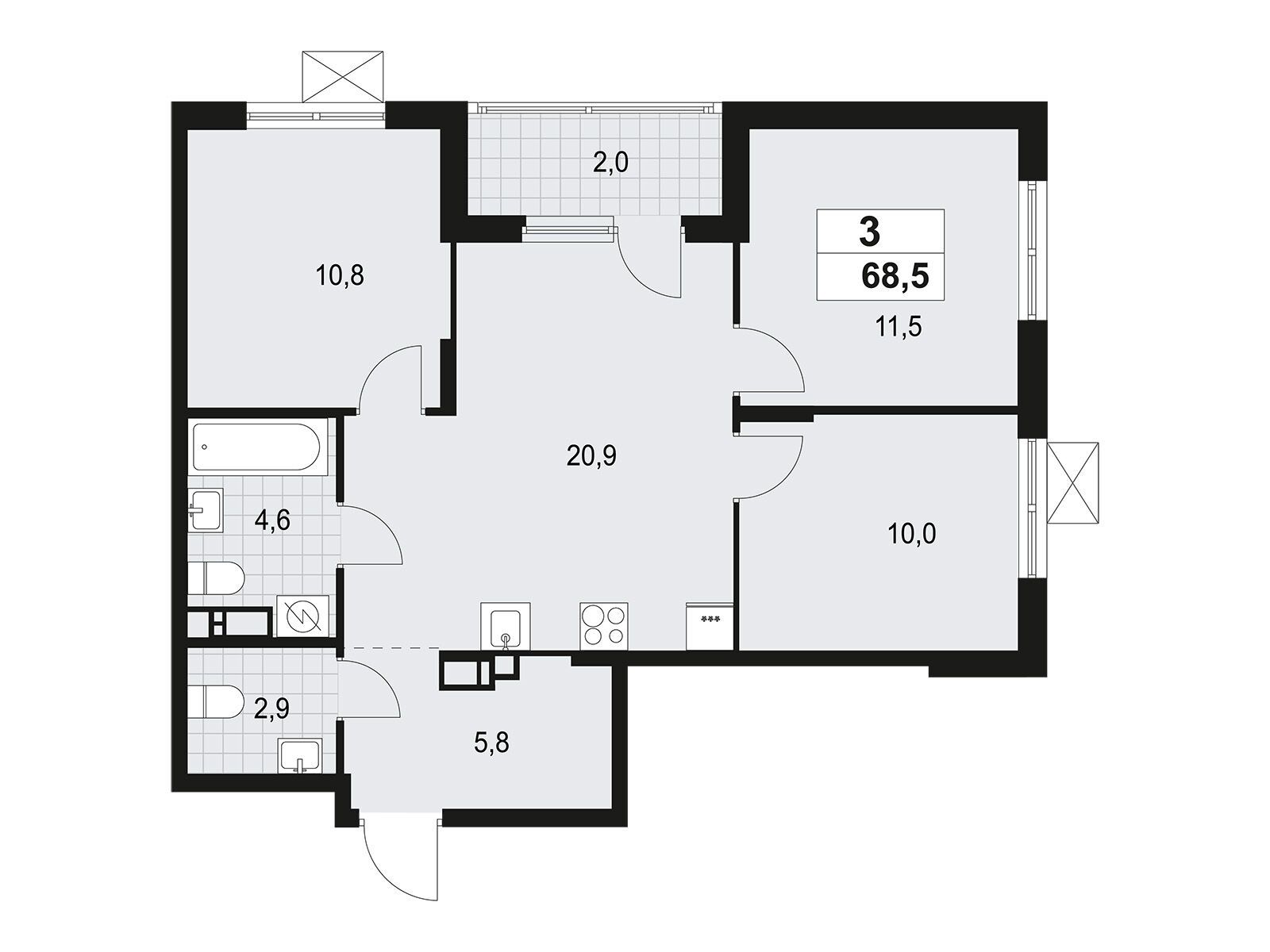 Планировка: 3-комн. квартира 68.50 м² в новостройке А101 Всеволожск