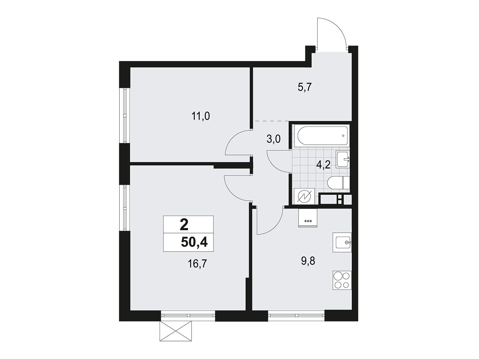 Планировка: 2-комн. квартира 50.40 м² в новостройке А101 Всеволожск