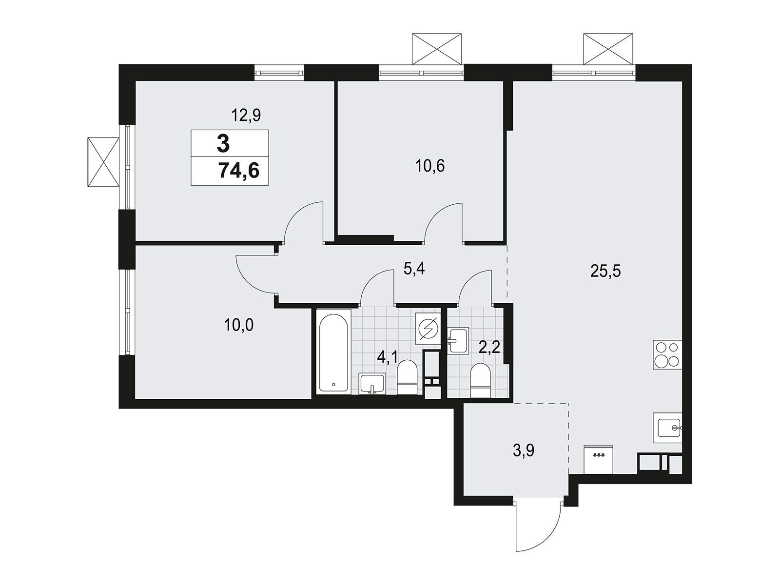 Планировка: 3-комн. квартира 74.60 м² в новостройке А101 Всеволожск