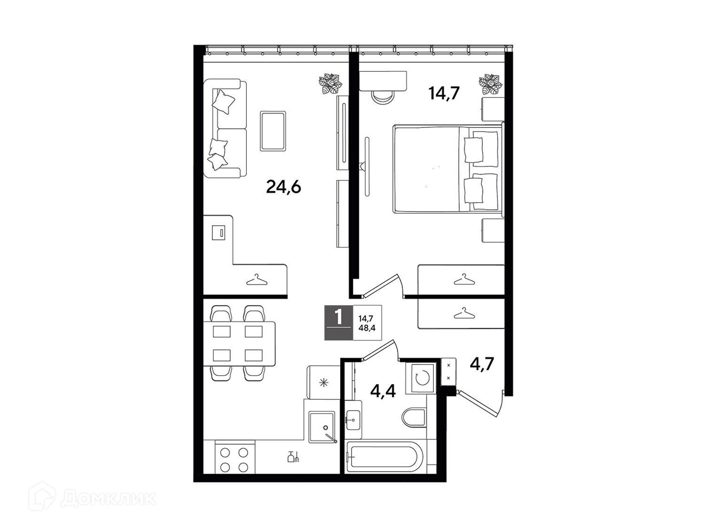Планировка: 1-комн. квартира 48.40 м² в новостройке ЖК Догма Парк