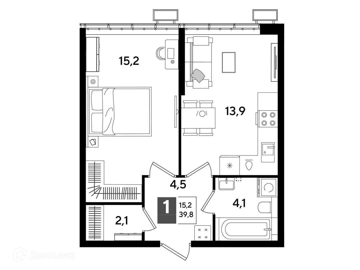Планировка: 1-комн. квартира 39.80 м² в новостройке ЖК Догма Парк