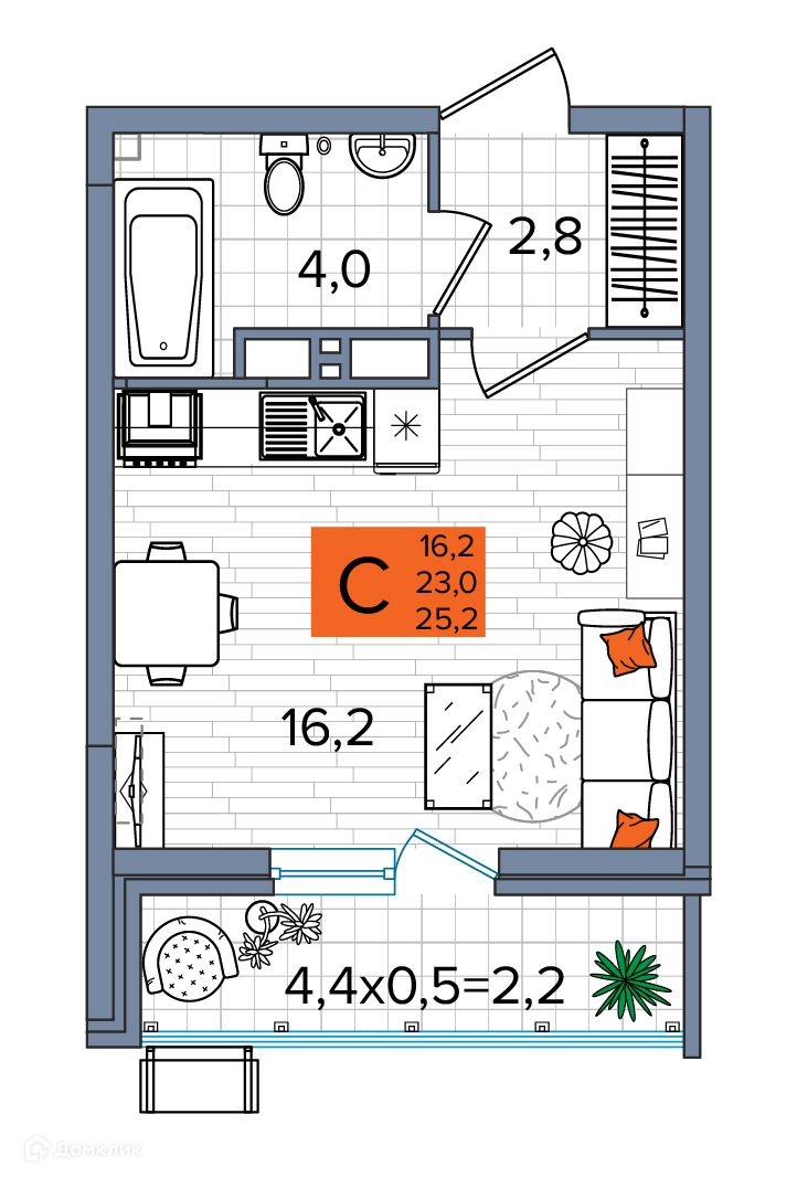 Планировка: Студия 25.20 м² в новостройке ЖК Сармат