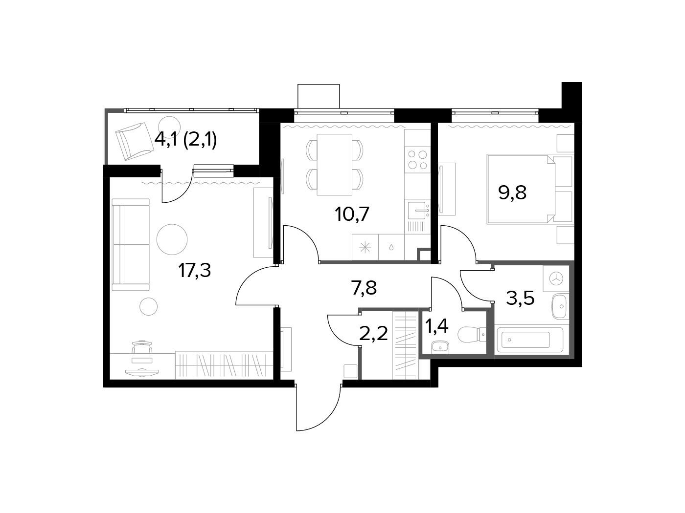 Планировка: 2-комн. квартира 54.70 м² в новостройке 1-й Лермонтовский
