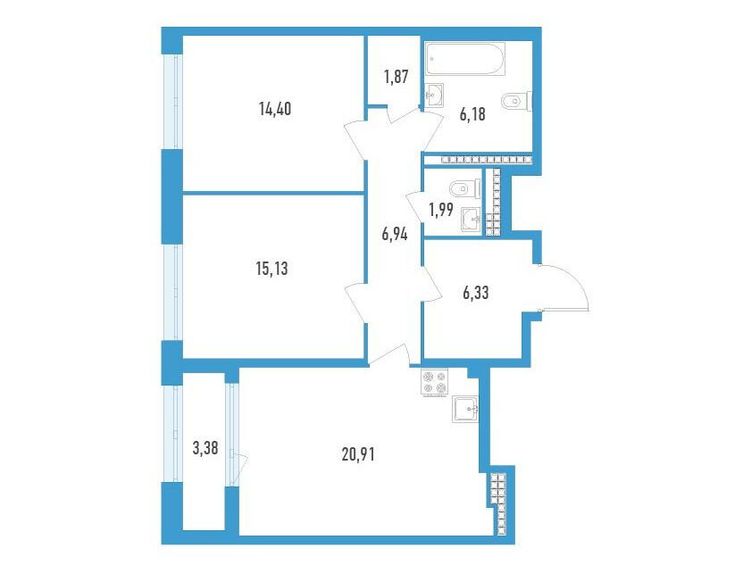 Планировка: 2-комн. квартира 75.30 м² в новостройке Дефанс