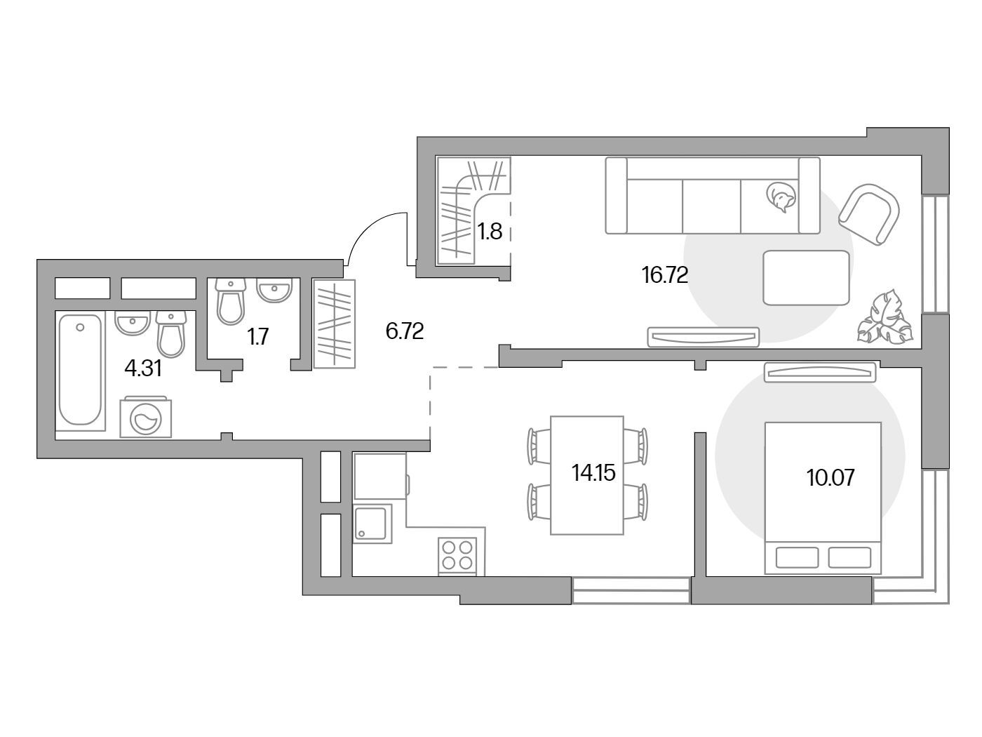 Планировка: 2-комн. квартира 55.47 м² в новостройке Живописный