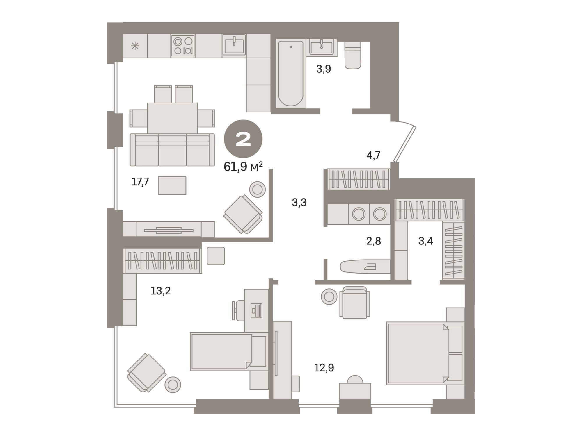 Планировка: 2-комн. квартира 61.90 м² в новостройке Квартал Герцена
