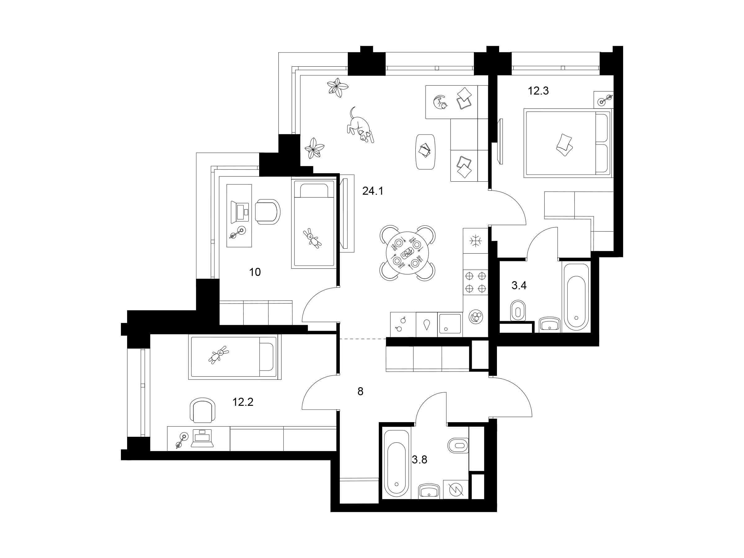 Планировка: 3-комн. квартира 73.80 м² в новостройке Строгино 360