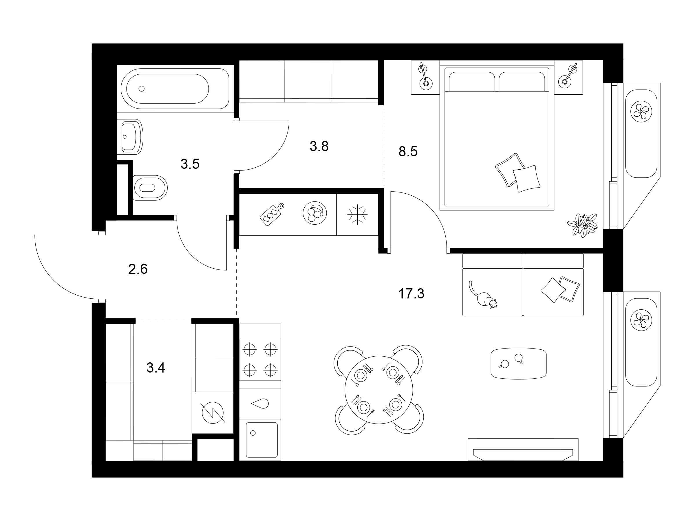 Планировка: 1-комн. квартира 39.10 м² в новостройке Алтуфьевское 53