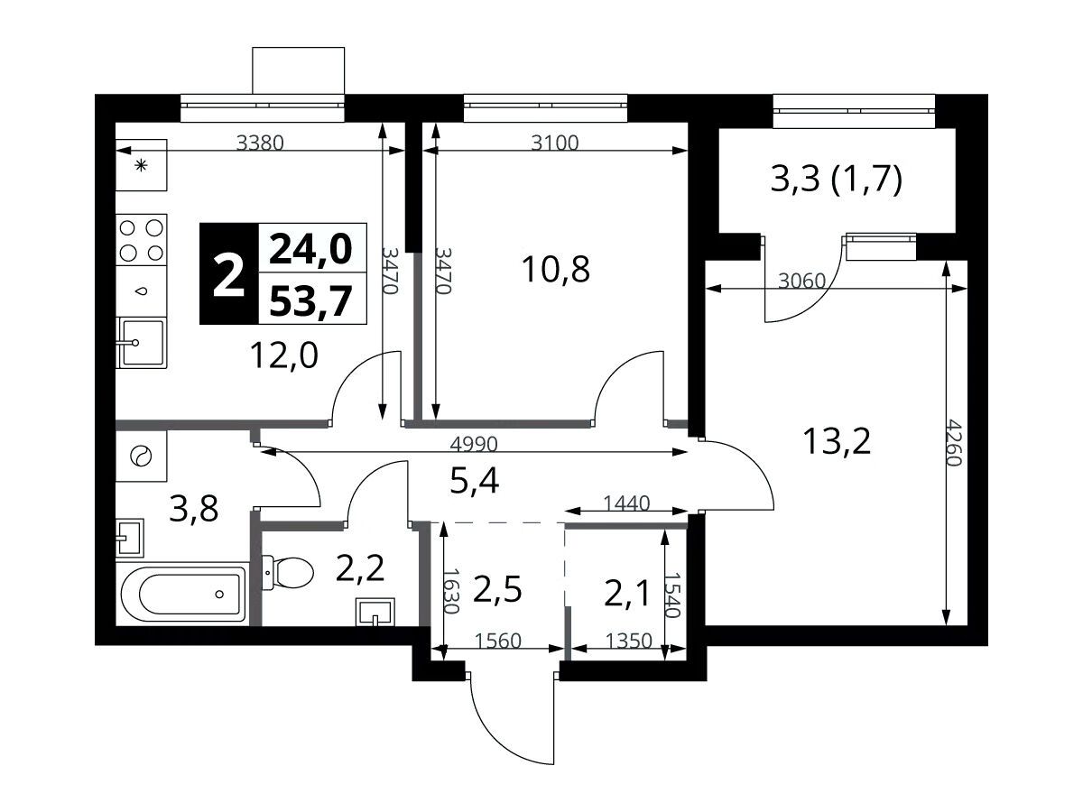 Планировка: 2-комн. квартира 53.70 м² в новостройке 1-й Ясеневский