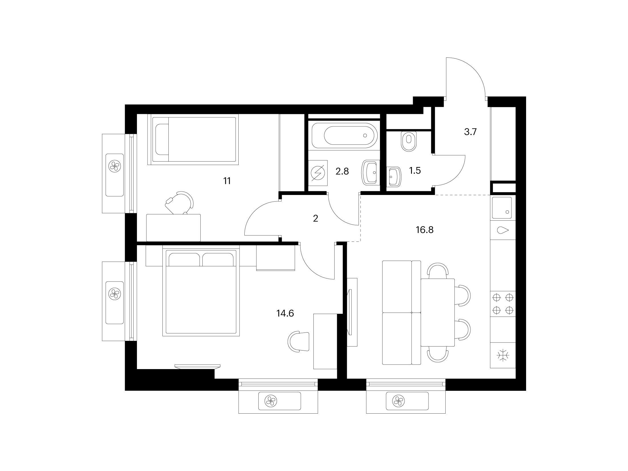 Планировка: 2-комн. квартира 52.40 м² в новостройке Витебский парк