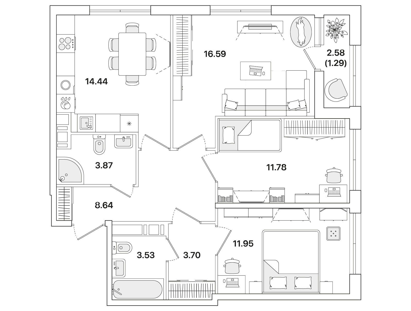 Планировка: 3-комн. квартира 75.70 м² в новостройке Академик