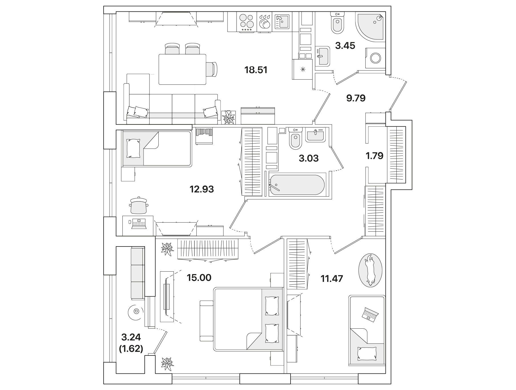 Планировка: 3-комн. квартира 77.20 м² в новостройке Академик