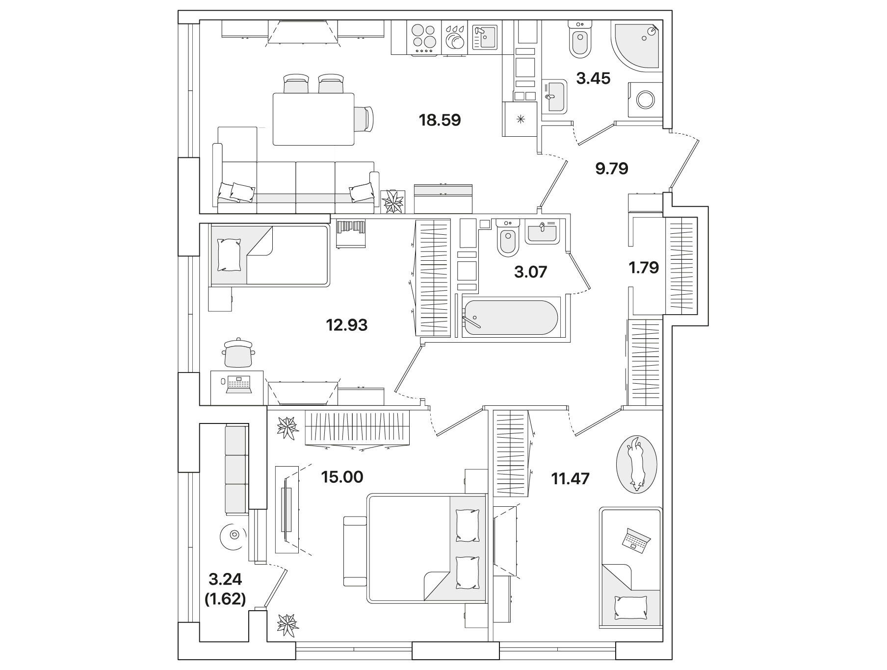 Планировка: 3-комн. квартира 77.30 м² в новостройке Академик
