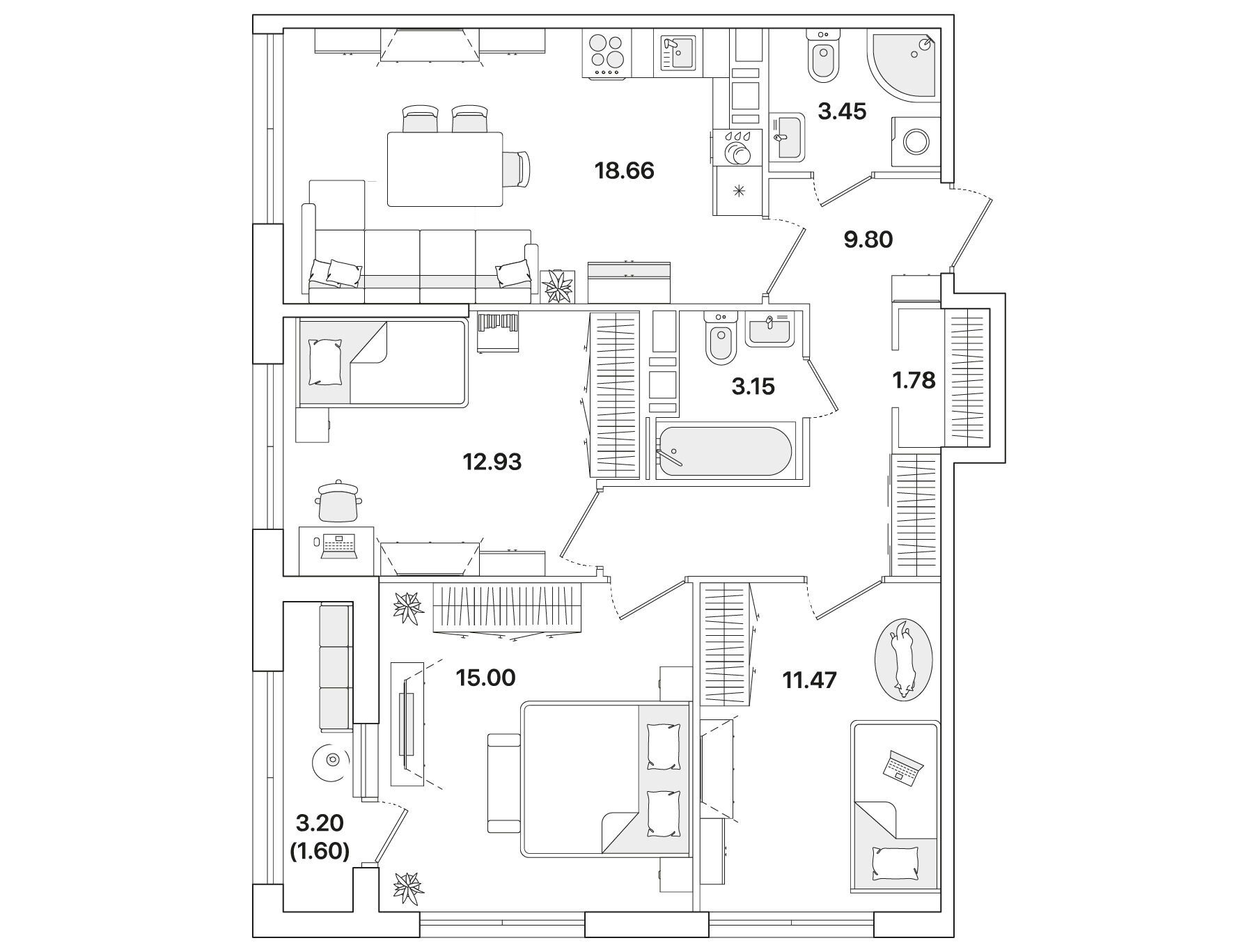 Планировка: 3-комн. квартира 77.60 м² в новостройке Академик