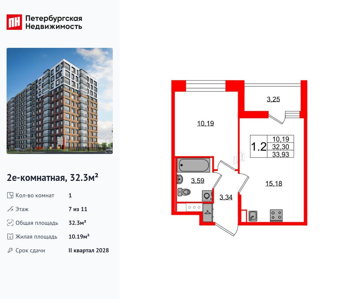 Планировка: 1-комн. квартира 32.30 м² в новостройке Астра Континенталь