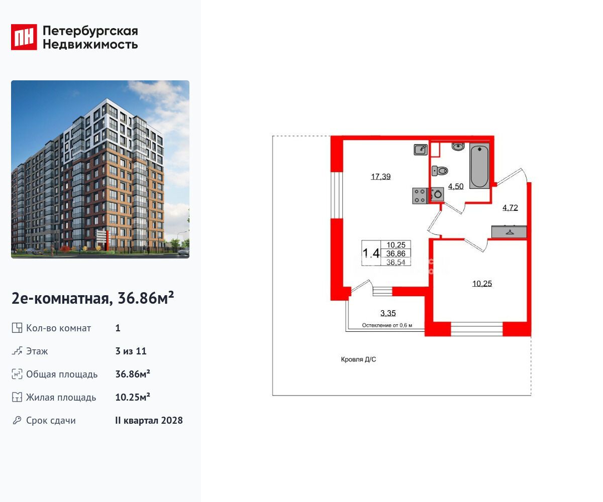 Планировка: 1-комн. квартира 36.86 м² в новостройке ЖК Астра Континенталь